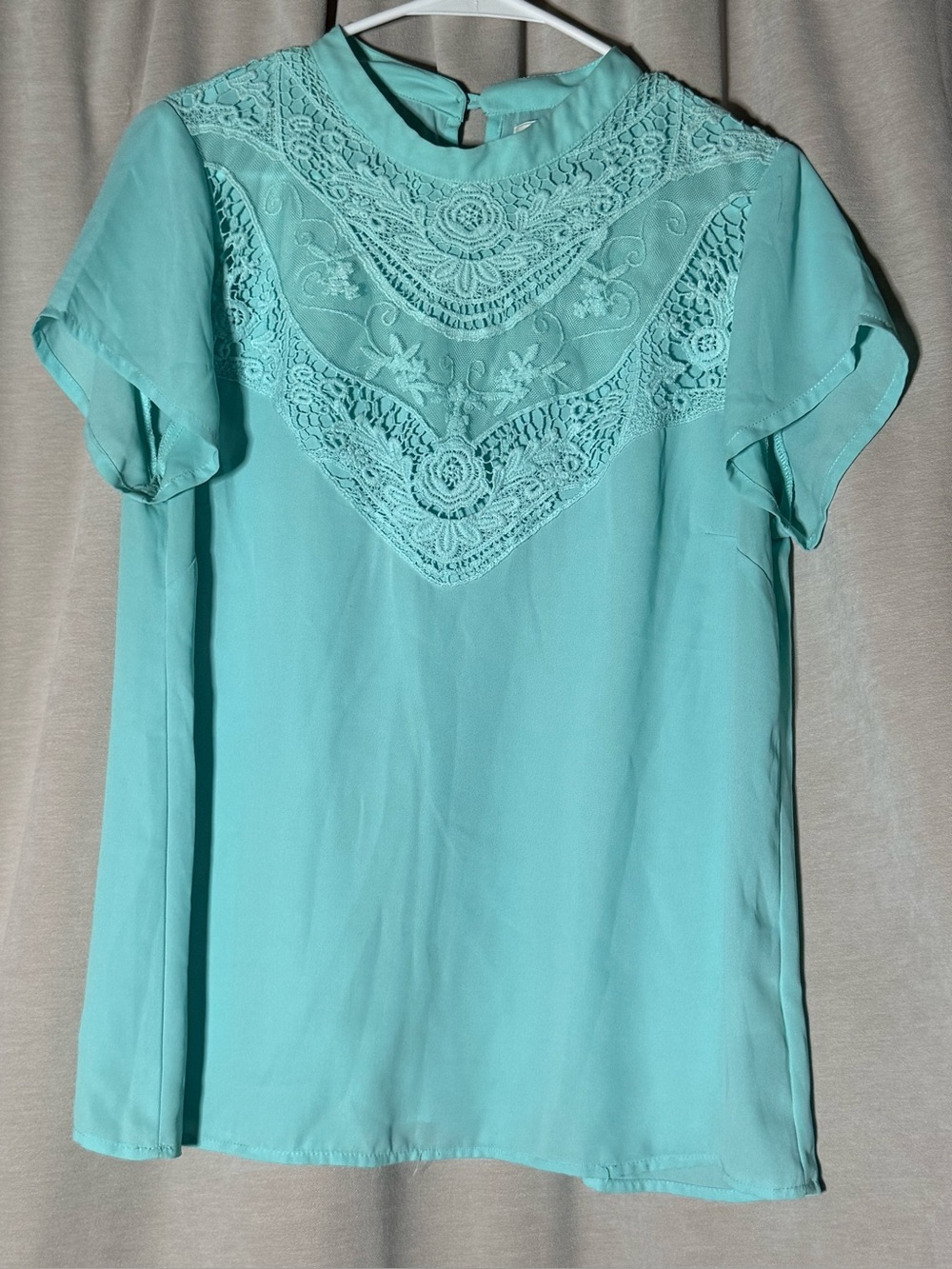Sweet Salt Mint Green Lace Yoke Flutter Sleeve Blouse - Size Large